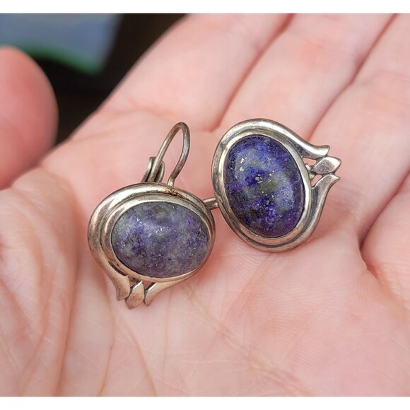 Vintage Sterling Silver 925 Thailand Lapiz Lazuli Fishhook Earrings E1 - Picture 7 of 9